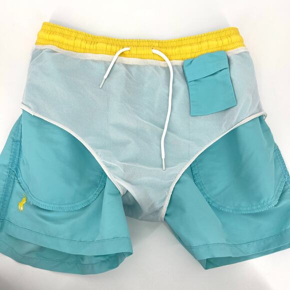 POLO Ralph Lauren Mens Swim Trunks Aqua Yellow Drawstring Mesh Lined Size S - Picture 7 of 10